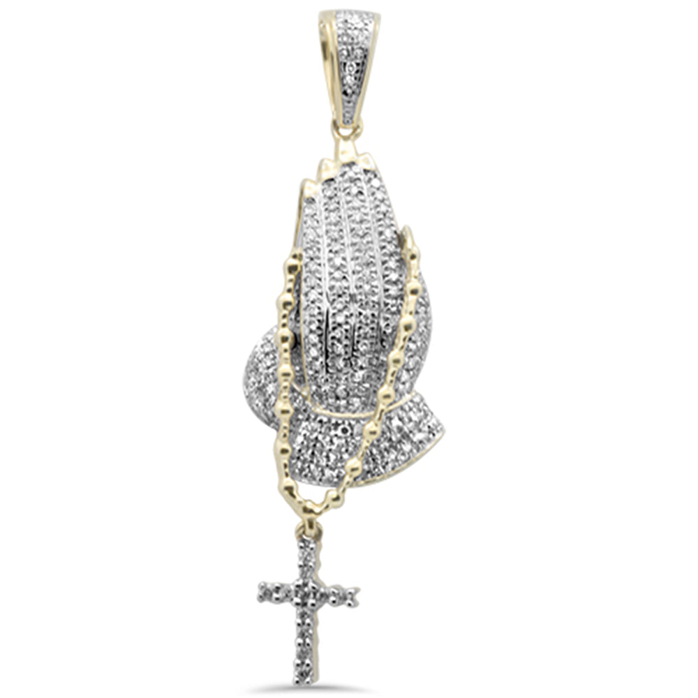 33ct G SI 10K Yellow Gold Diamond Iced Out Hands Praying Rosary Charm Pendant